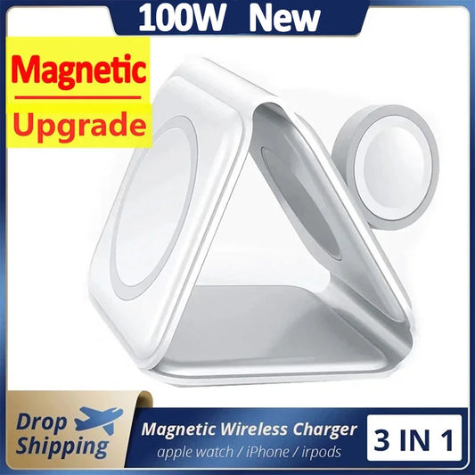 100W 3 in 1 Magnetic Wireless Charger Pad